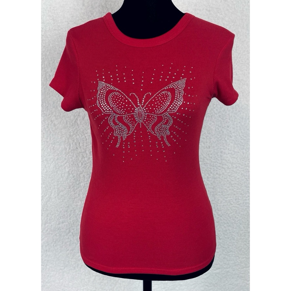 ORANGE KISS • Red/Silver Y2K Rhinestone Butterfly Ribbed Short Sleeve Tee, M - Picture 13 of 13